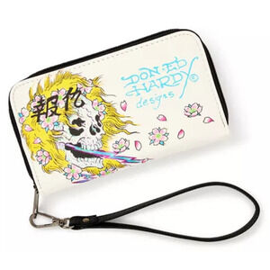 Ed Hardy Zip Around Wallet Multi Inner Pockets White Skull Print
